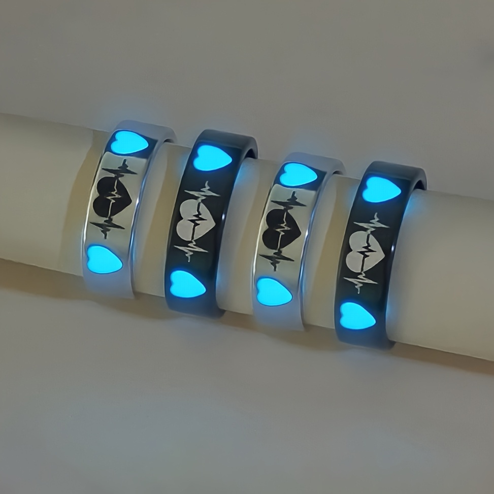 4pc Women's Glow-in-the-Dark Heartbeat Couple's Rings Set